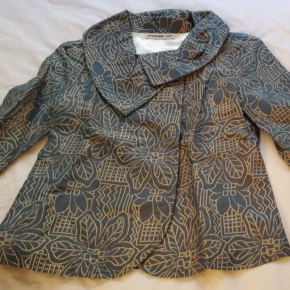 Vivienne Tam green and gold ¾ sleeve cropped swing - Picture 5 of 9